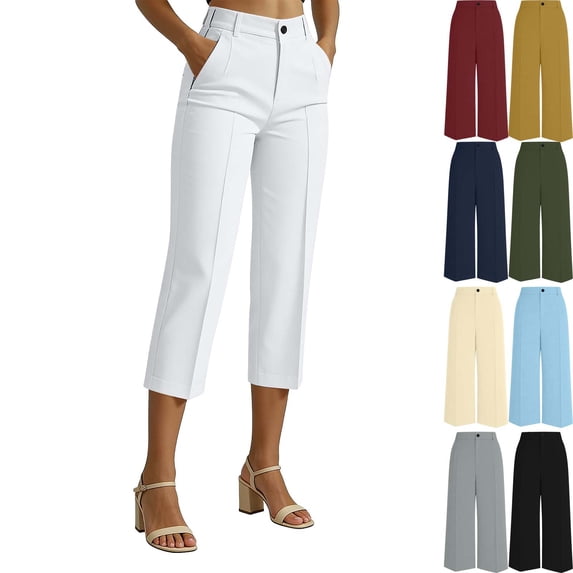 Women's Capri Dress Pants Business Casual High Waist Stretchy Workwear Office Straight Leg Solid 3/4 Length Work Pants