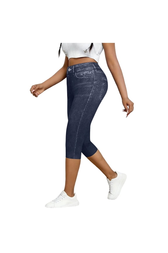 Women's Capri Jean Leggings Faux Denim Trendy Casual Jeggings Stretch Soft High Waist Yoga Summer Pants (2XL, Blue)