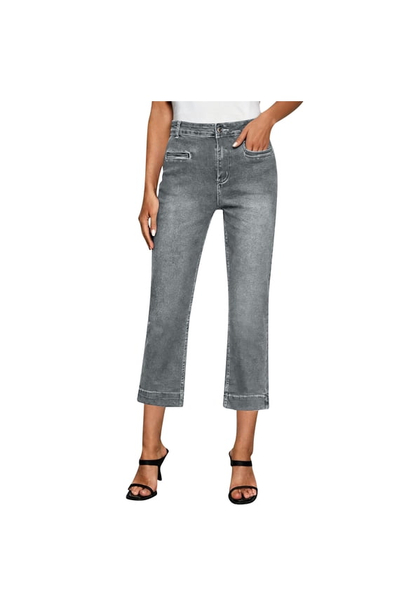 Women's Capri Jeans High Waist Stretchy Straight Leg Jeans Casual Summer Trendy Cropped Pants with Flat Pockets