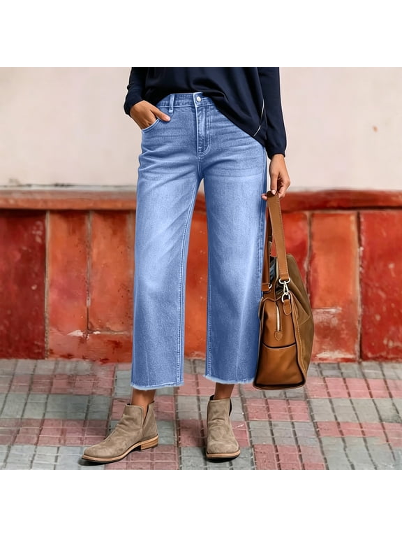Women's Capri Jeans High Waisted Stretchy Straight Leg Raw Hem Cropped Denim Pants with Pockets