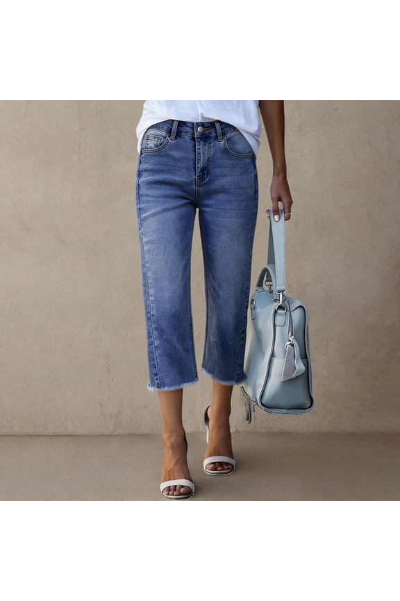Women's Capri Jeans High Waisted Wide Leg Stretchy Raw Hem Side Seam Denim Pants Sky Blue M