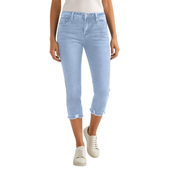 Women's Capri Jeans Stretchy Mid Rise Denim Capri Pants Summer Relaxed Fit Ripped Hem Cropped Pants with Pockets