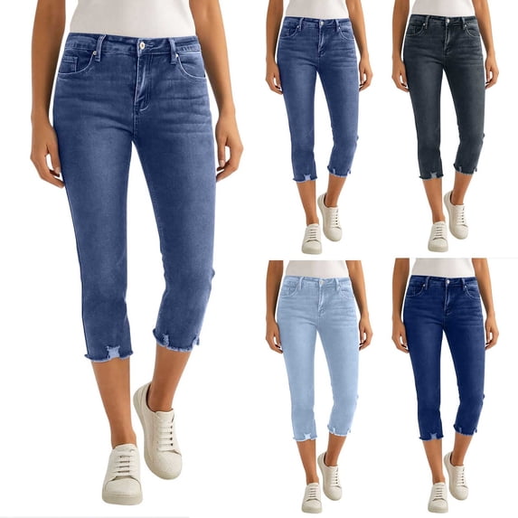 Women's Capri Jeans Stretchy Mid Rise Denim Capri Pants Summer Relaxed Fit Ripped Hem Cropped Pants with Pockets