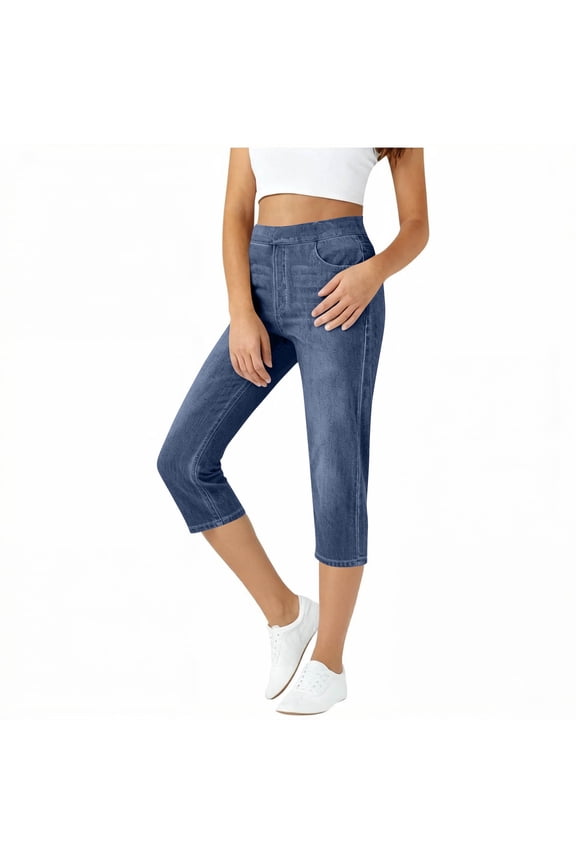 Women's Capri Jeggings High Elastic Waist Cropped Trousers Casual Summer Stretchy Skinny Pull-On Crop Pants With Pockets