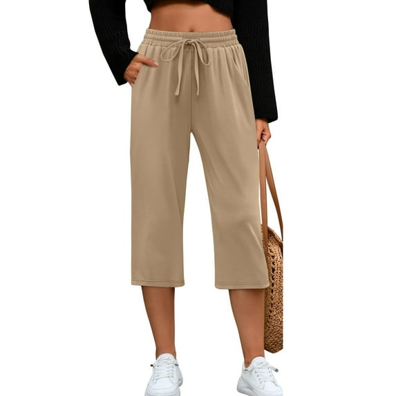 Women's Capri Jogger Pants - Drawstring Elastic Waist Casual 3/4 Length Trousers with Pockets ,Khaki,L