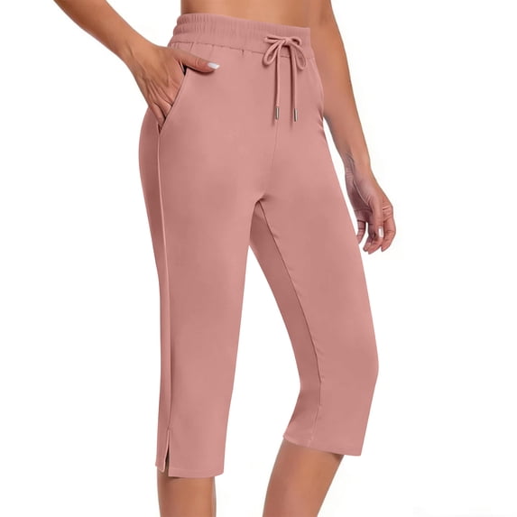 Women's Capri Leggings Drawstring Elastic Waist Solid Color Cropped Pants Summer Running Workout Yoga Capris with Pockets