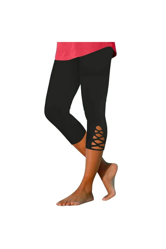 Women's Capri Leggings - Stretch Slimming Yoga Pants with Lace Hollow-Out Design, Knee-Length Workout Capris (Dressy Casual & Compression Fit)