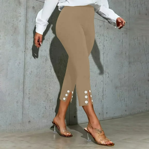 Women's Capri Leggings with Decorative Buttons Solid Color Slim Slit Elastic Waist Sports Leisure Pants Khaki L