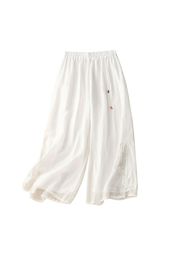 Women's Capri Linen Embroidered Wide Leg Pants Summer Boho Drawstring High Waist Casual Side Slit Beach Cropped Pants