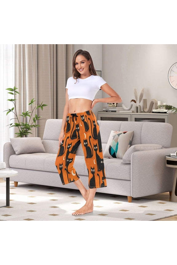 Women's Capri Pajama Pants with Side Pockets Black Cat with Moon Design Lounge Sleep Pants Relaxed Fit Casual Sleepwear Loungewear for Home