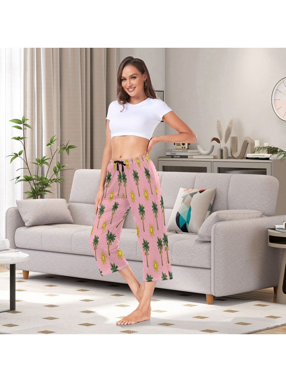 Women's Capri Pajama Pants with Side Pockets Bright Tropical Palm Sun Lounge Sleep Pants Relaxed Fit Casual Sleepwear Loungewear for Home