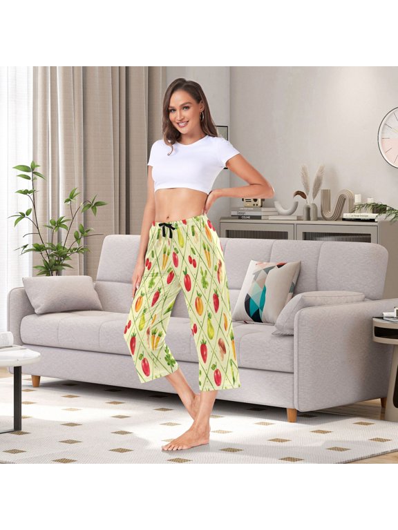 Women's Capri Pajama Pants with Side Pockets Fruit Vegetable Garden Pattern Lounge Sleep Pants Relaxed Fit Casual Sleepwear Loungewear for Home