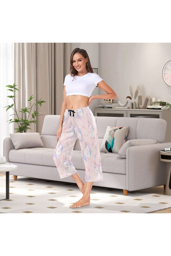 Women's Capri Pajama Pants with Side Pockets Magical Unicorn Pink Dreams Lounge Sleep Pants Relaxed Fit Casual Sleepwear Loungewear for Home