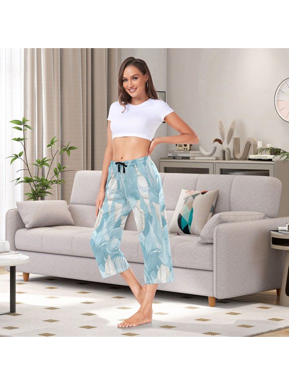 Women's Capri Pajama Pants with Side Pockets Seashells and Sea Waves Pattern Lounge Sleep Pants Relaxed Fit Casual Sleepwear Loungewear for Home