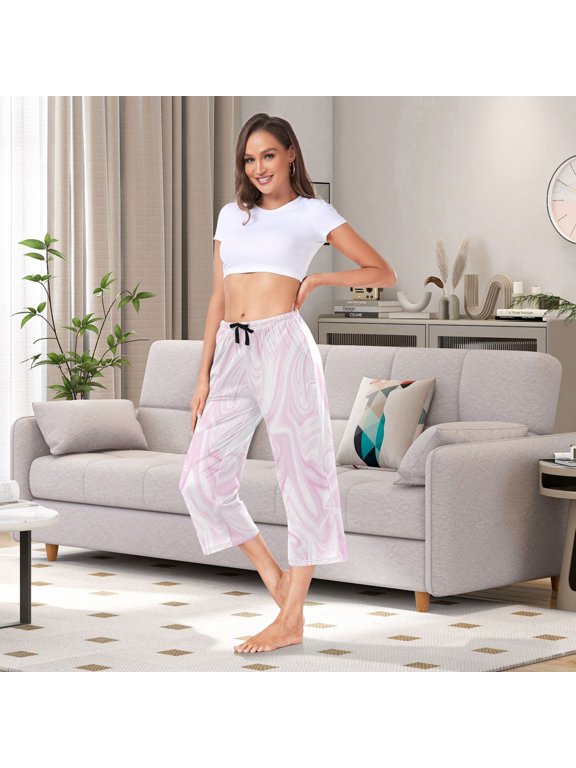 Women's Capri Pajama Pants with Side Pockets Soft Blush Liquid Marble Tone Lounge Sleep Pants Relaxed Fit Casual Sleepwear Loungewear for Home