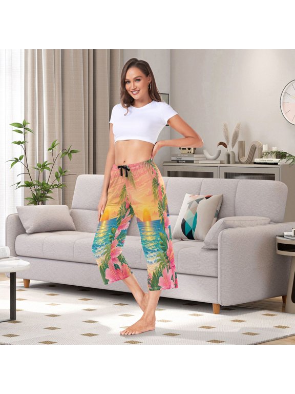 Women's Capri Pajama Pants with Side Pockets Summer Tropical Sunset Wall Art Lounge Sleep Pants Relaxed Fit Casual Sleepwear Loungewear for Home
