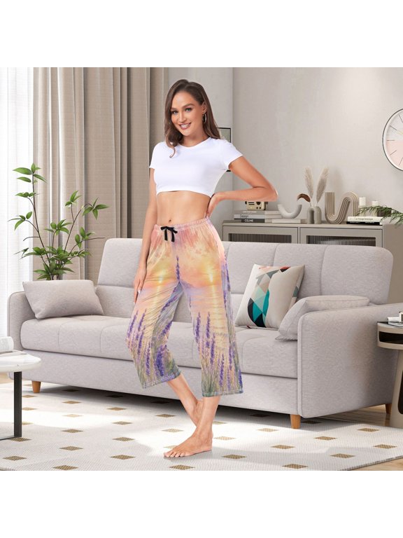 Women's Capri Pajama Pants with Side Pockets Sunset Sea Lavender Print Lounge Sleep Pants Relaxed Fit Casual Sleepwear Loungewear for Home