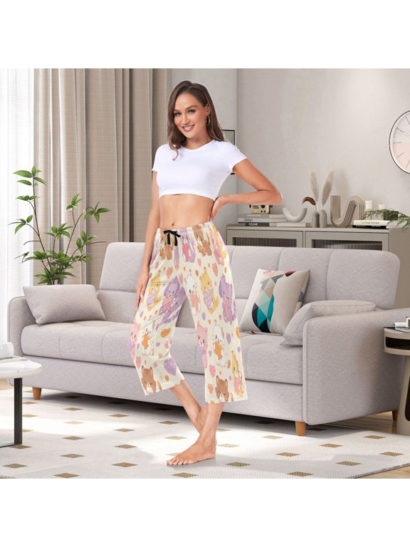Women's Capri Pajama Pants with Side Pockets Watercolor Kittens Love Hearts Lounge Sleep Pants Relaxed Fit Casual Sleepwear Loungewear for Home