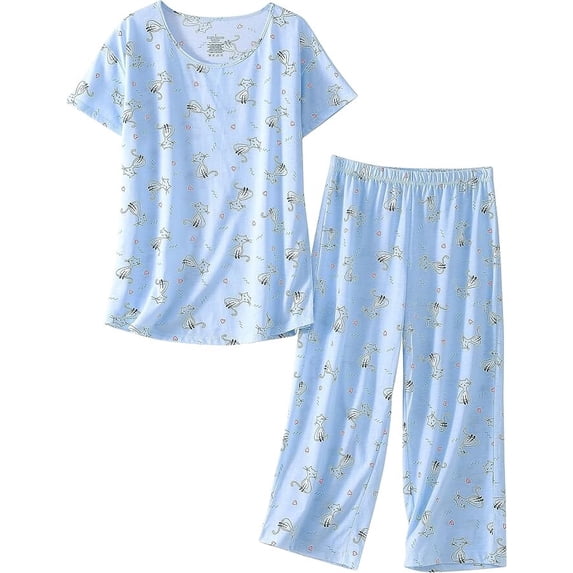 Women's Capri Pajama Set Short Sleeve Top Capri Pants Sleepwear Animal Printed
