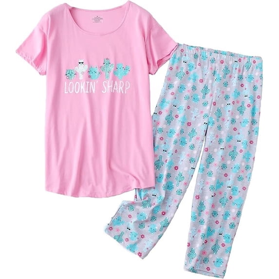 Women's Capri Pajama Set Short Sleeve Top Capri Pants Sleepwear Animal Printed