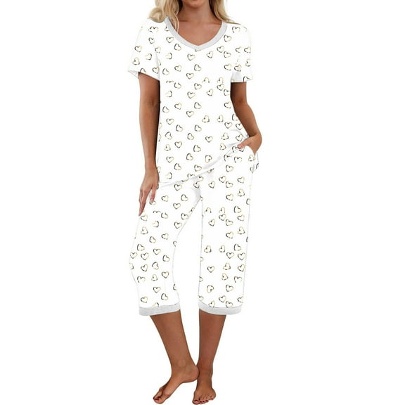 Women's Capri Pajama Sets Floral Print Short Sleeve V Neck Sleepwear Top and Capri Pants 2 Piece Loungewear with Pockets