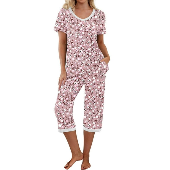 Women's Capri Pajama Sets Floral Print Short Sleeve V Neck Sleepwear Top and Capri Pants 2 Piece Loungewear with Pockets