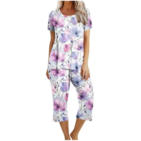 Women's Capri Pajama Sets Summer Floral Print Short Sleeve Sleepwear Top and Capri Pants 2 Piece Loungewear