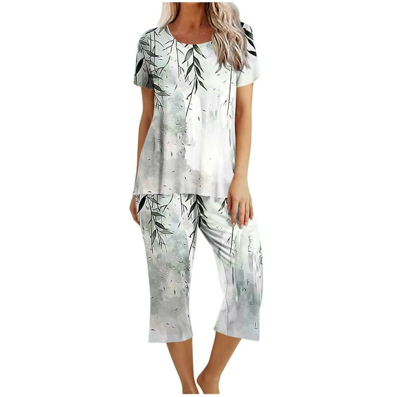 Women's Capri Pajama Sets Summer Floral Print Short Sleeve Sleepwear Top and Capri Pants 2 Piece Loungewear