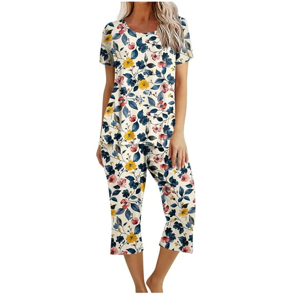 Women's Capri Pajama Sets Summer Floral Print Short Sleeve Sleepwear Top and Capri Pants 2 Piece Loungewear