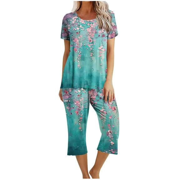Women's Capri Pajama Sets Summer Floral Print Short Sleeve Sleepwear Top and Capri Pants 2 Piece Loungewear