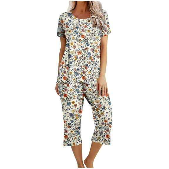 Women's Capri Pajama Sets Summer Floral Print Short Sleeve Sleepwear Top and Capri Pants 2 Piece Loungewear