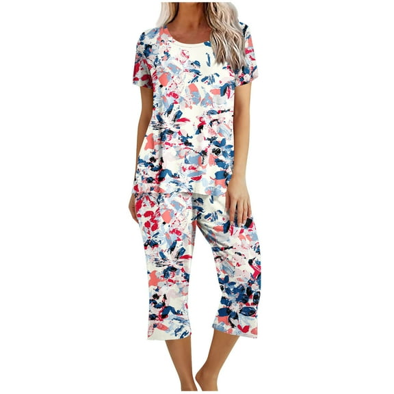 Women's Capri Pajama Sets Summer Floral Print Short Sleeve Sleepwear Top and Capri Pants 2 Piece Loungewear