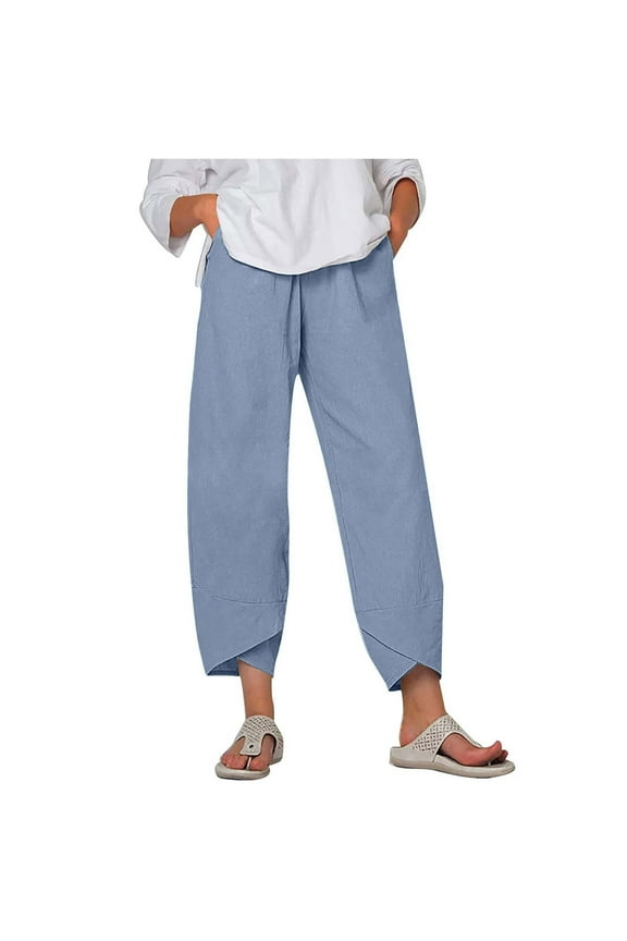 Women's Capri Pants 2024 Casual Summer Cotton Linen Cropped Tulip Hem Pants Yoga Hiking Lounge Pants Trousers