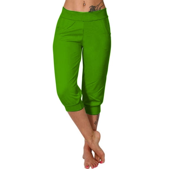 Women's Capri Pants 3/4 Length Cropped Pants with Pockets High Waist Stretch Cotton Linen Loose Fit Summer Trousers Green XL