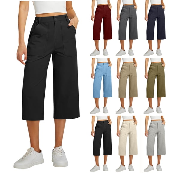 Women's Capri Pants Casual Dressy Work Wear Back Elastic Waisted Straight Leg Bermuda Capris with 4 Pockets (XL, Black)