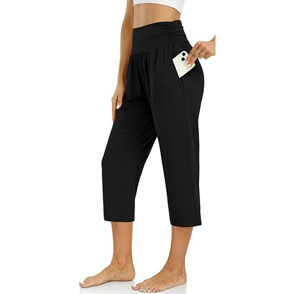 Women's Capri Pants Casual Loose Yoga Pants Comfy Workout Elastic Waist Pant with Pockets Summer Black