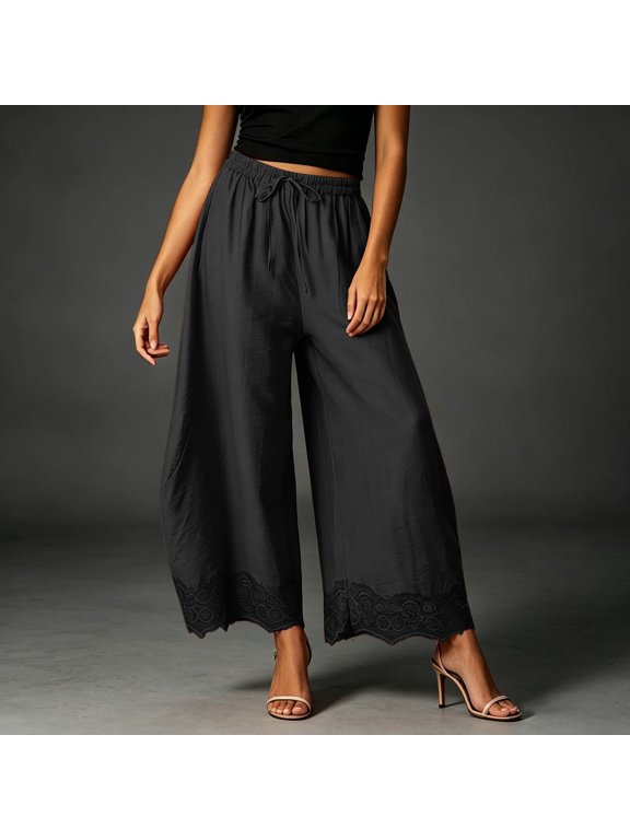 Women's Capri Pants Cotton High Waist Drawstring Loose Pant Casual Lounge Baggy Trouser with Pockets(Black,M)