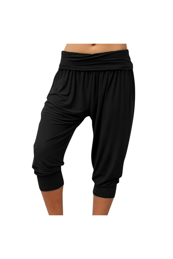 Women's Capri Pants Cropped Joggers with Pockets Workout Pants Athletic Boho Palazzo Trousers Bermuda Shorts,Black,XL