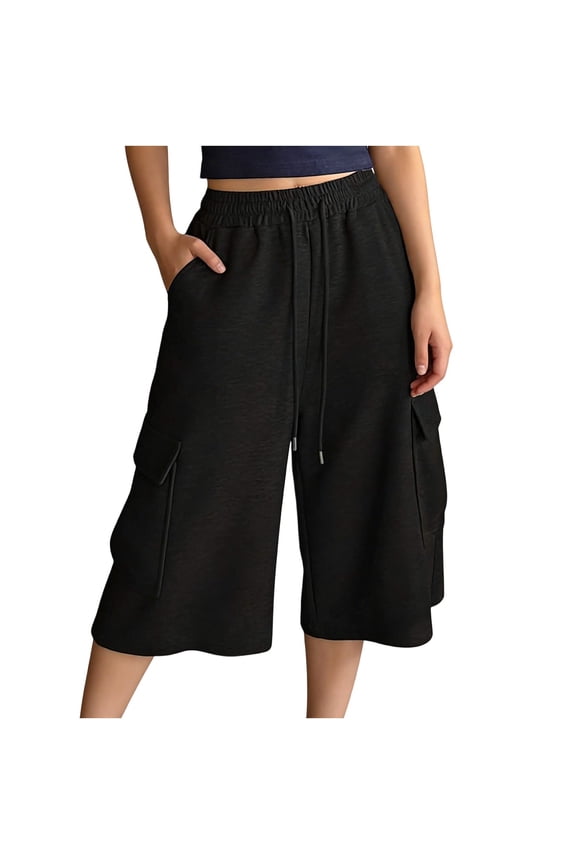Women's Capri Pants Drawstring Loose Wide Leg Workout Trousers Athletic Running Sports Pants with Pockets