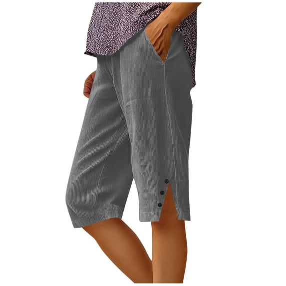 Women's Capri Pants Elastic Waist Straight Leg Side Slit Corduroy Shorts Loose Casual Trendy Pant With Pockets (L, Gray)