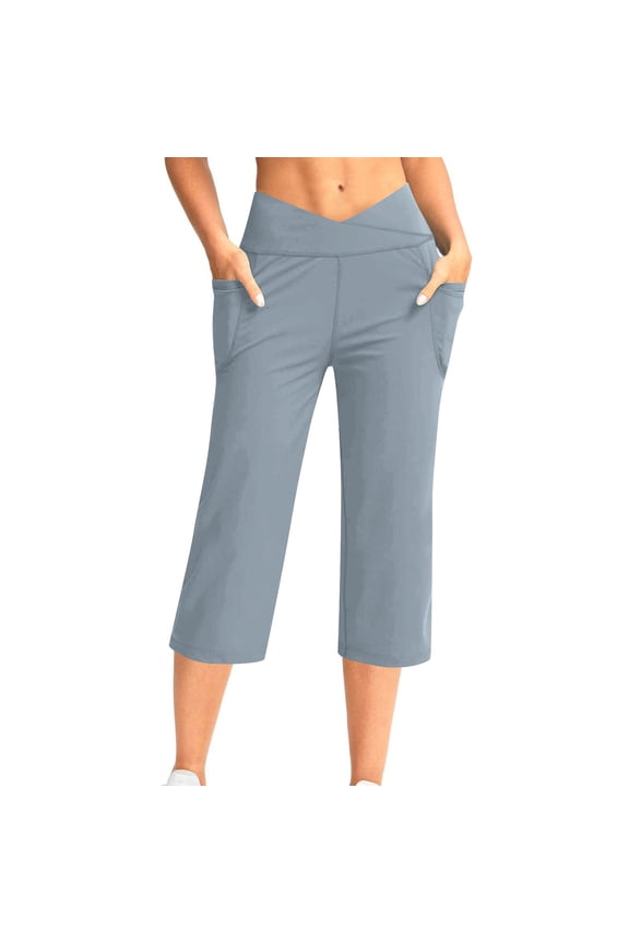 Women's Capri Pants High Waist Crossover Capri Leggings with Pockets Wide Leg Cropped Exercise Workout Summer Pants