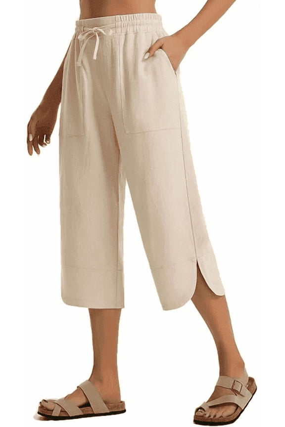 Women's Capri Pants High Waisted Linen Wide Leg Trousers Summer Casual Palazzo Work Pants with Pockets