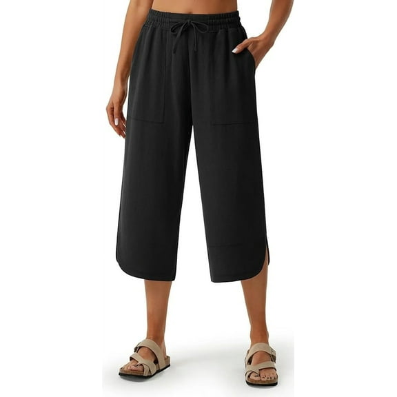 WQD Women's Capri Pants High Waisted Linen Wide Leg Trousers Summer Casual Palazzo Work Pants with Pockets