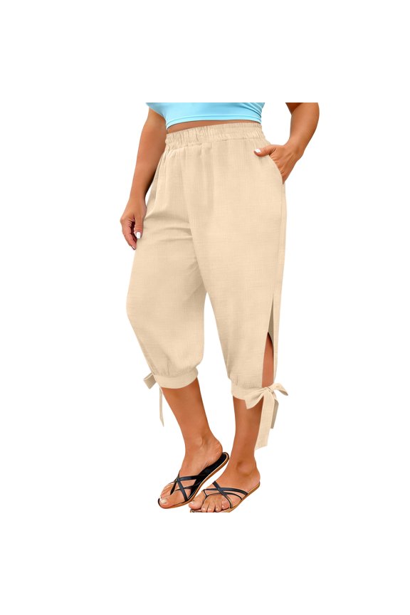 Women's Capri Pants High Waisted Slit Harem Pants Bow Tie Drawstring Cropped Trousers