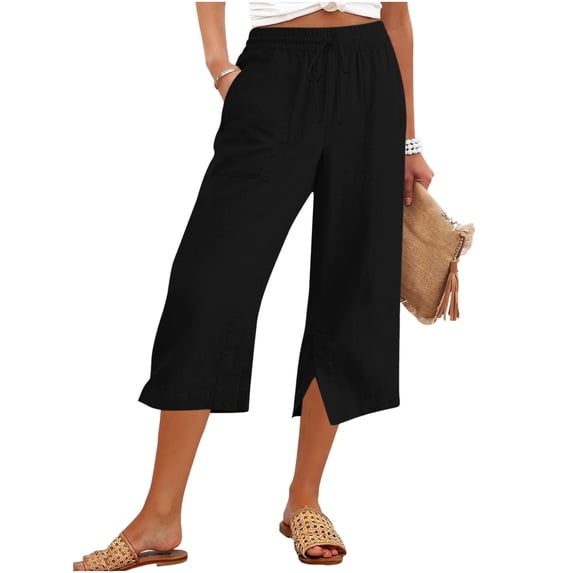 Women's Capri Pants High Waisted Straight Leg Side Slit Casual Pants Summer Capris Adjustable Drawstring with Pockets