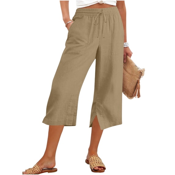 Women's Capri Pants High Waisted Straight Leg Side Slit Casual Pants Summer Capris Adjustable Drawstring with Pockets