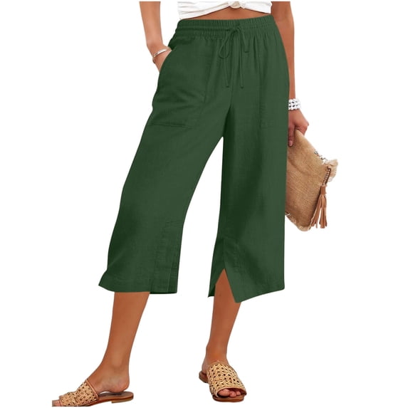 Women's Capri Pants High Waisted Straight Leg Side Slit Casual Pants Summer Capris Adjustable Drawstring with Pockets