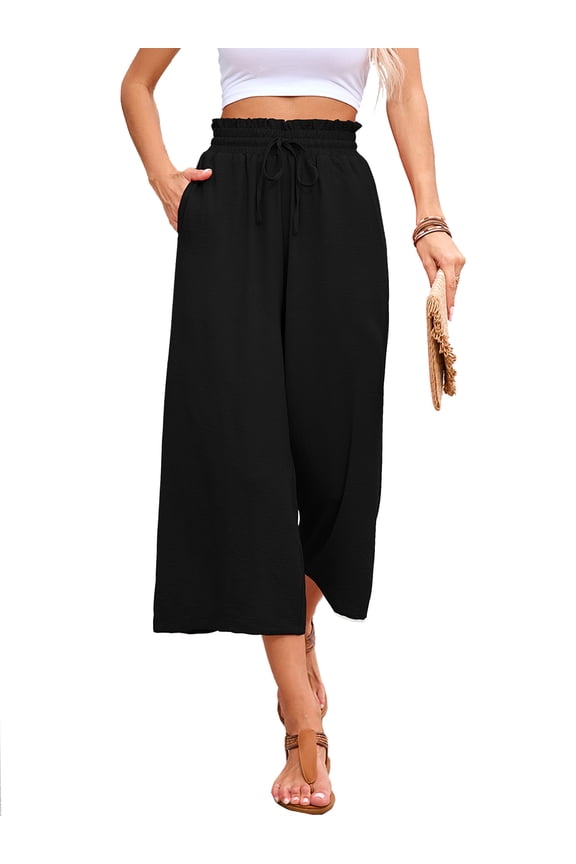 Women's Wide Leg Capri Pants Summer High Waisted Palazzo Trousers Black Drawstring Cropped Pants with Pockets, Size L