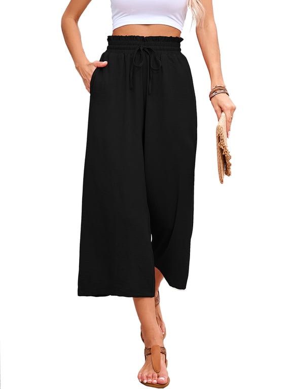 Women's Wide Leg Capri Pants Summer High Waisted Palazzo Trousers Black Drawstring Cropped Pants with Pockets, Size L