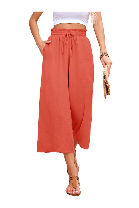 Women's Wide Leg Capri Pants Summer High Waisted Palazzo Trousers Coral Drawstring Cropped Pants with Pockets, Size L